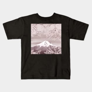 Cherry blossom branch on Fuji Mountain landscape. Watercolor spring Sakura blooming trees. Kids T-Shirt